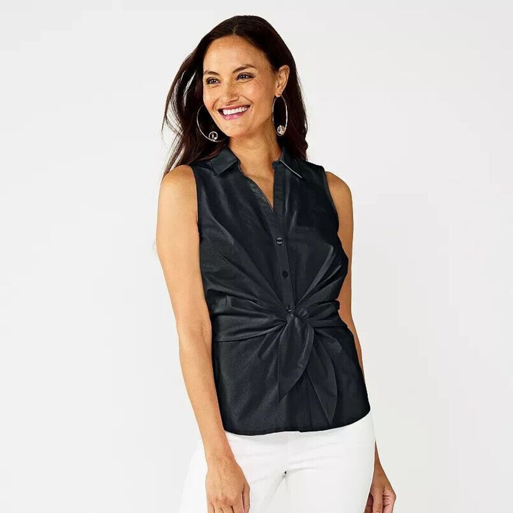 Nine West Sleeveless Tie Front Shirt, Black, 97% Cotton, Sz XXL, Preppy, Office